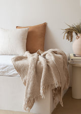 Beige Linen Blend Waffle Throw With Fringes