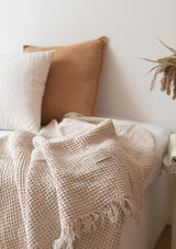 Beige Linen Blend Waffle Throw With Fringes