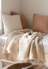 Beige Linen Blend Waffle Throw With Fringes