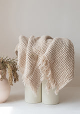 Beige Linen Blend Waffle Throw With Fringes