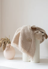Beige Linen Blend Waffle Throw With Fringes