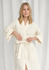 Cream White Linen Blend Waffle Bathrobe