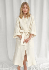 Cream White Linen Blend Waffle Bathrobe