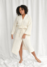Cream White Linen Blend Waffle Bathrobe