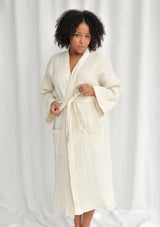 Cream White Linen Blend Waffle Bathrobe