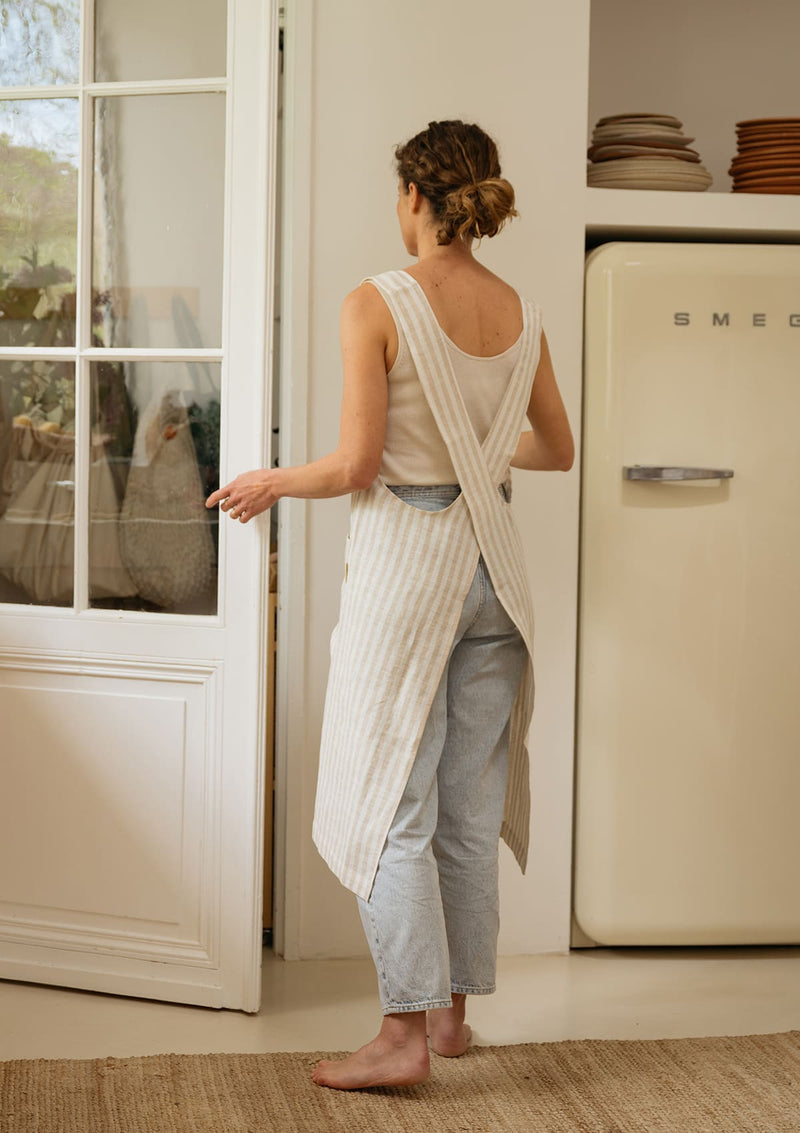 Beige Stripe Pinafore Linen Apron