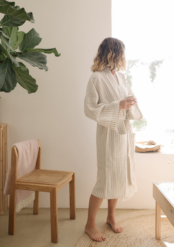Beige Stripe Linen Bathrobe