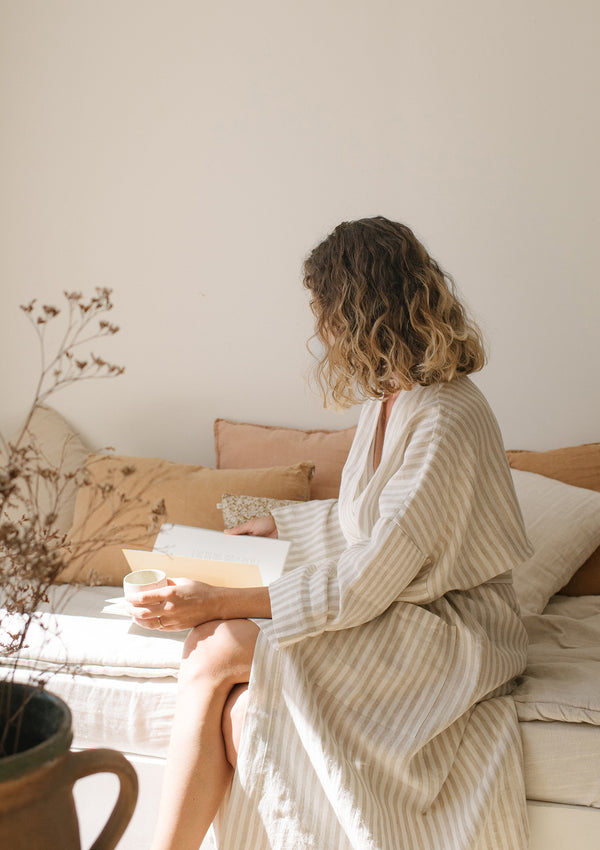 Beige Stripe Linen Bathrobe