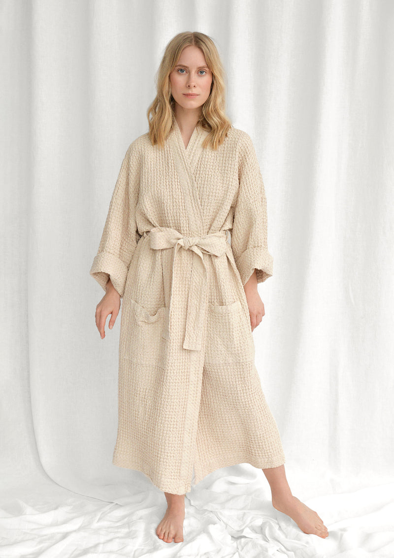Beige Linen Blend Waffle Bathrobe