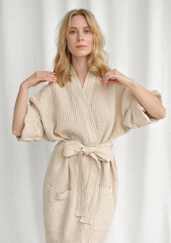 Beige Linen Blend Waffle Bathrobe