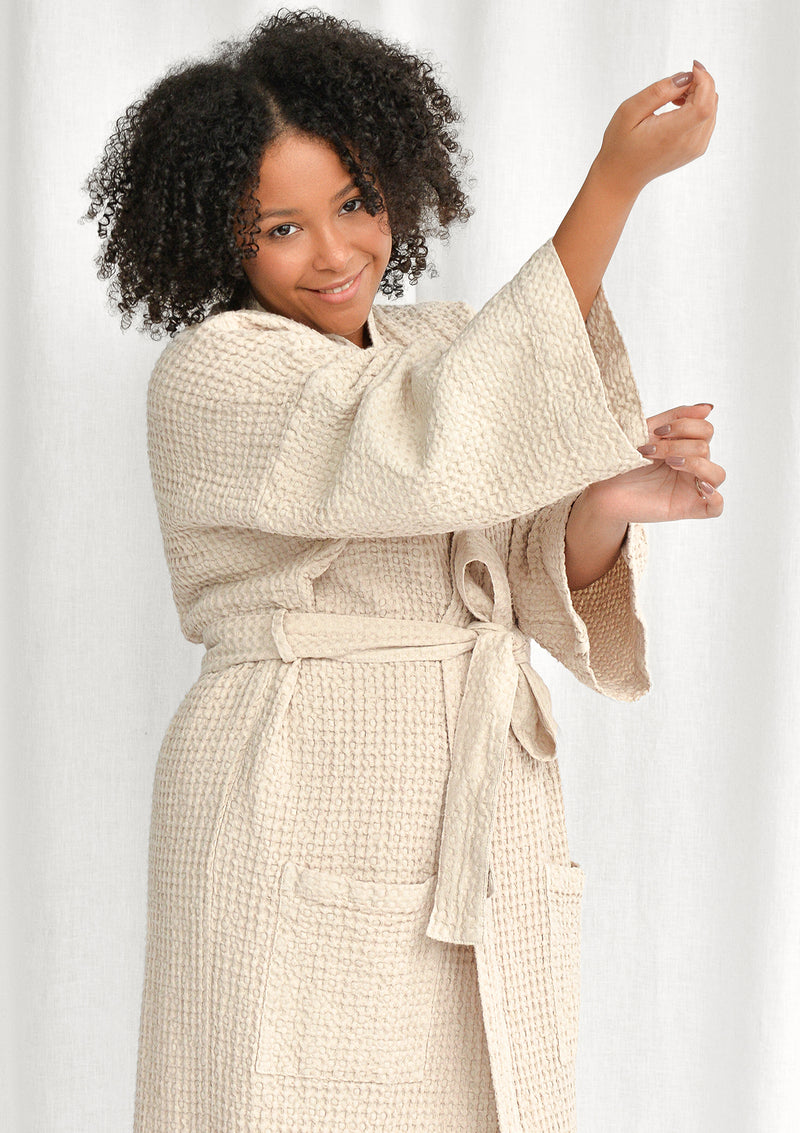 Beige Linen Blend Waffle Bathrobe