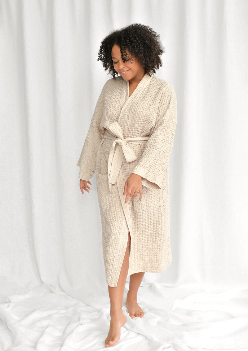 Beige Linen Blend Waffle Bathrobe