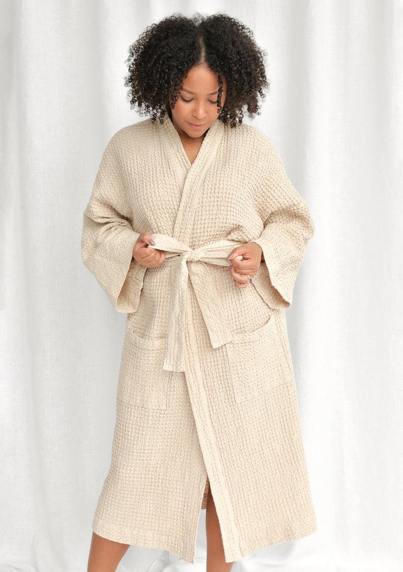 Beige Linen Blend Waffle Bathrobe