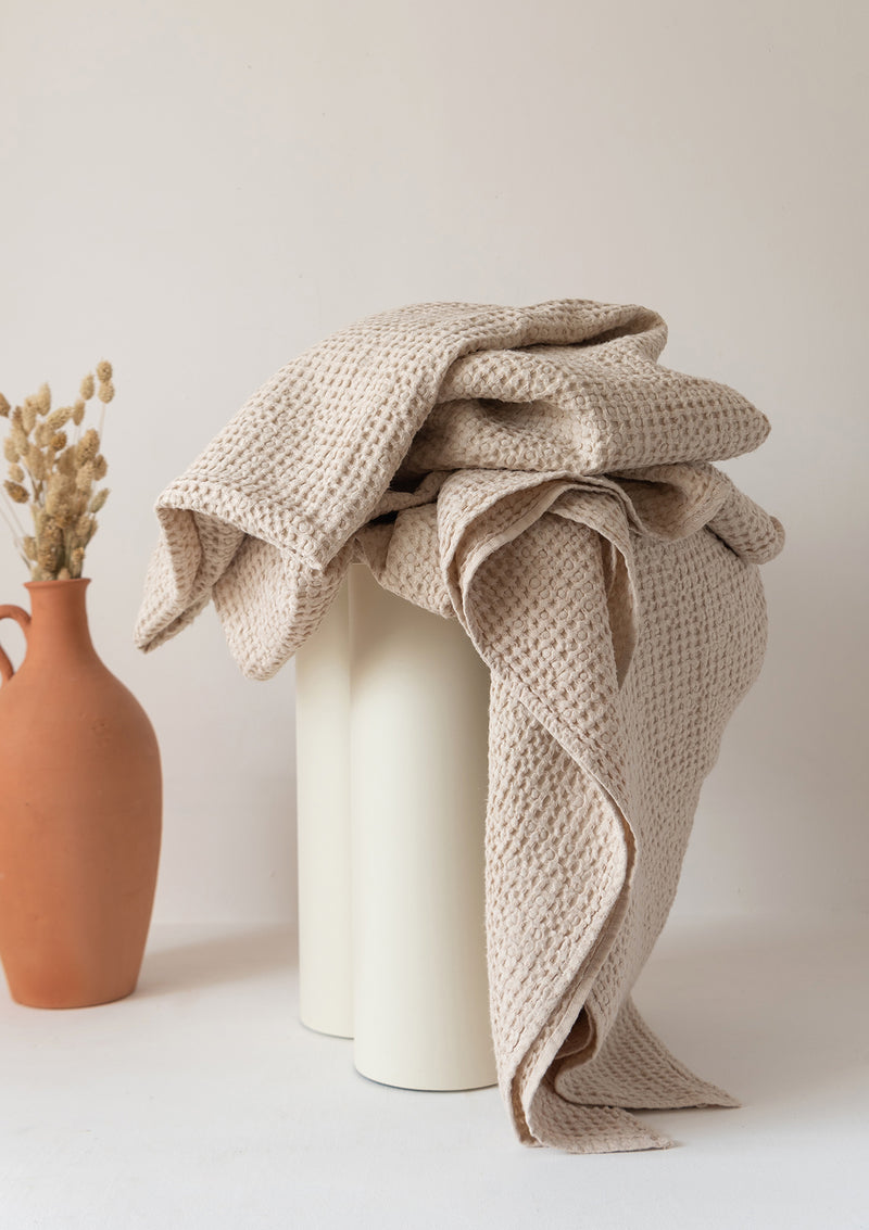 Beige Linen Blend Waffle Blanket