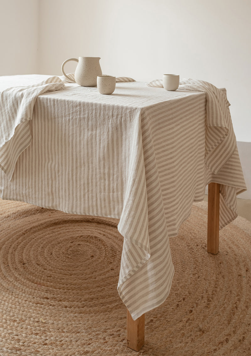 Beige Stripe Linen Tablecloth
