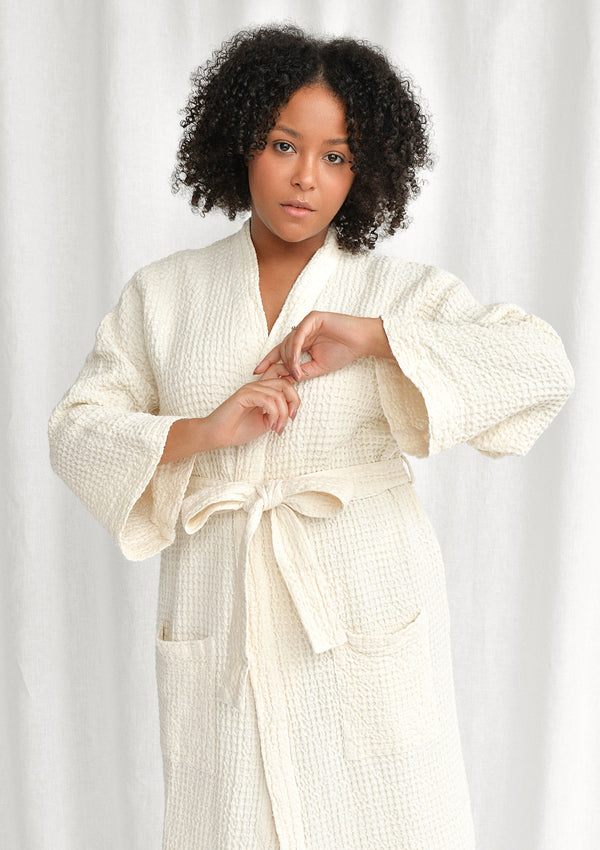 Cream White Linen Blend Waffle Bathrobe
