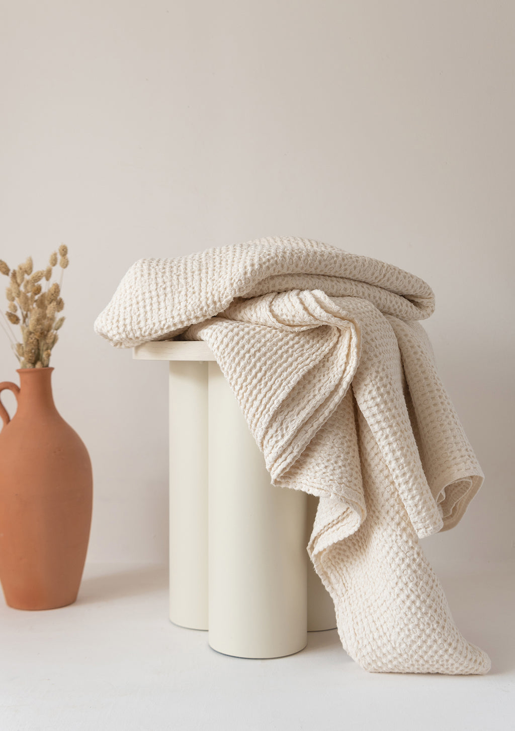 Cream White Waffle Weave Linen Blanket