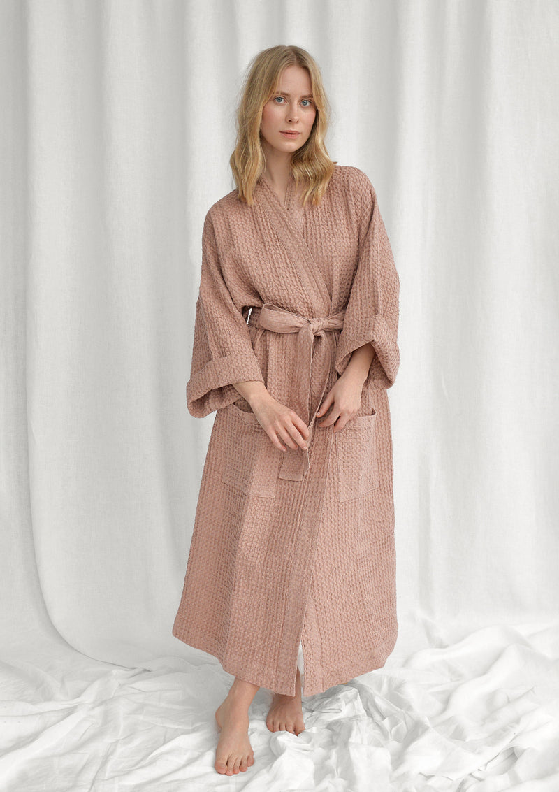 Sunset Rose Linen Blend Waffle Bathrobe