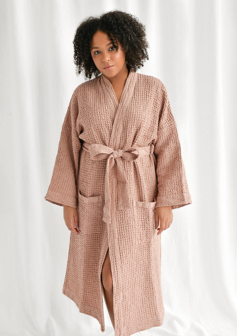 Sunset Rose Linen Blend Waffle Bathrobe