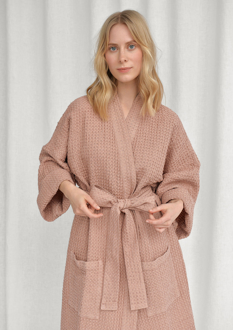 Sunset Rose Linen Blend Waffle Bathrobe