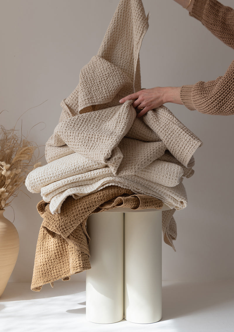 Beige Linen Blend Waffle Blanket